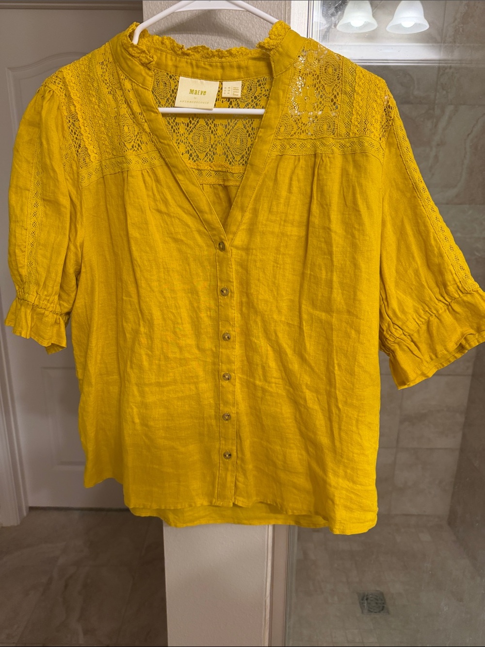 EUC Anthropologie Yellow Lace-Trim Button Front Blouse